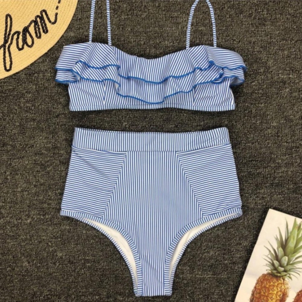 Blue Nautical Striped Ruffle High Waist Bikini - Picture 5 of 7